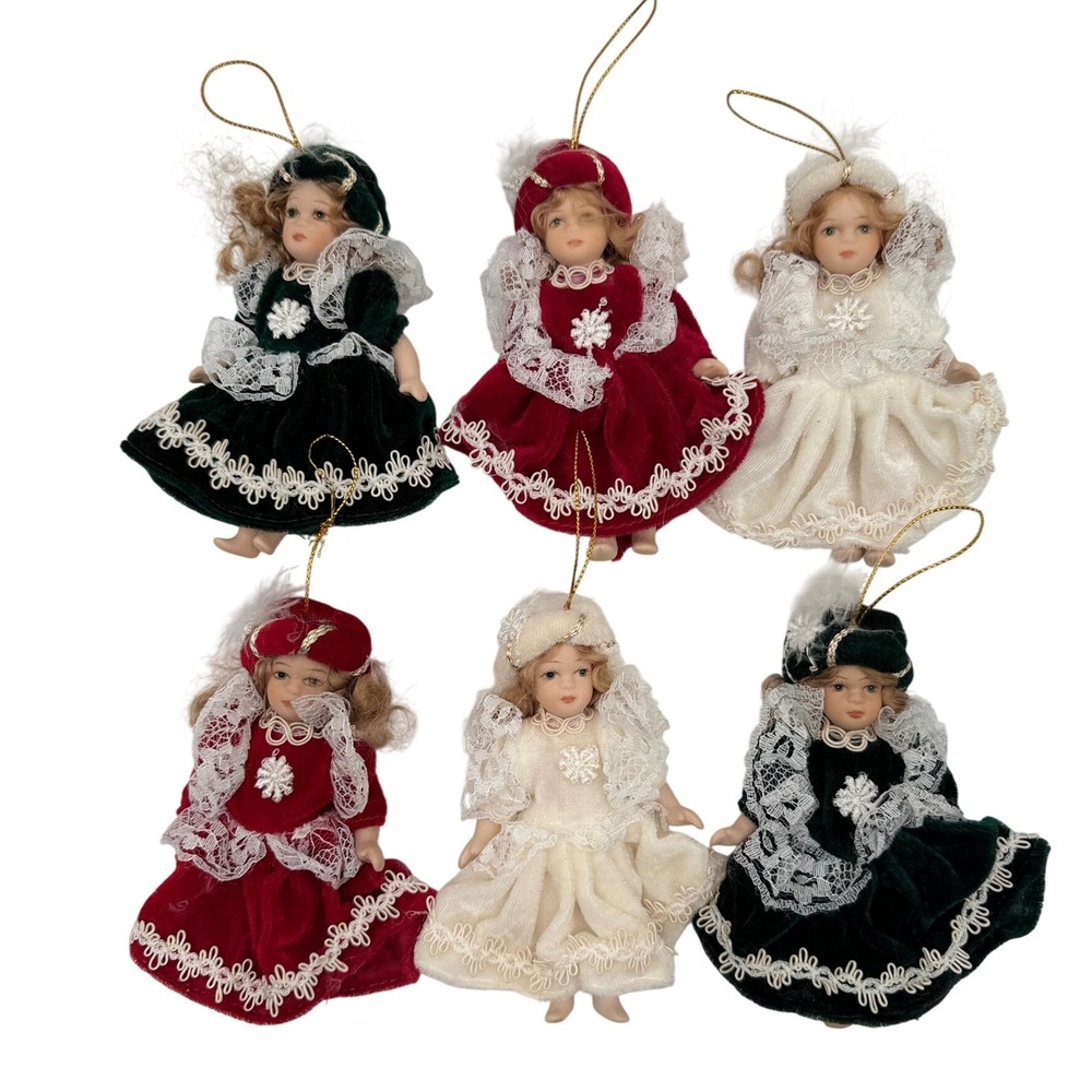 Christmas Ornaments Jointed Victorian Porcelain Doll Set 6pc Bundle Whimsical 5"